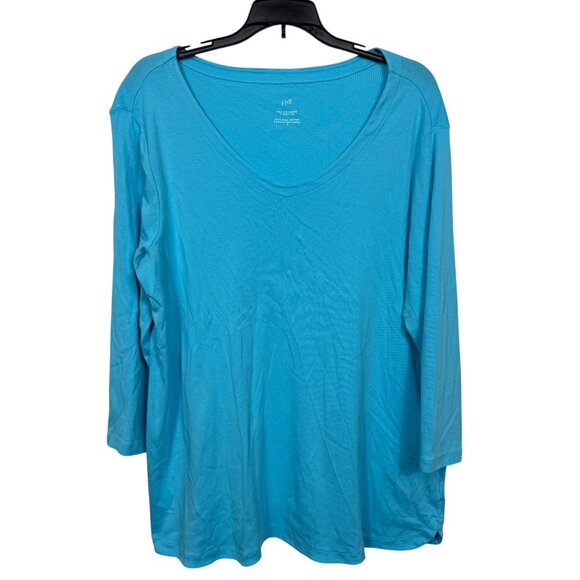 J Jill Pima V Neck Tee Womens Large Blue Scoop Neck Casual Solid - Picture 1 of 8